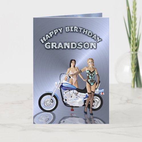 For Grandson birthday with girls and a motorcycle Card