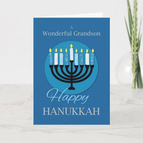 For Grandson Hanukkah Menorah on Dark Blue Card