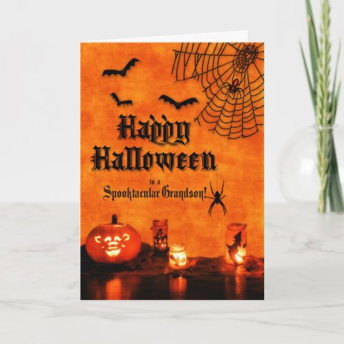 for Grandson Orange Bats and Spiders Halloween Card