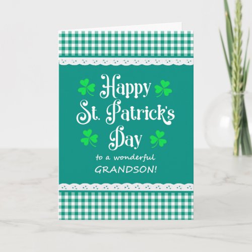 For Grandson St Patricks Shamrocks Green Checks Card
