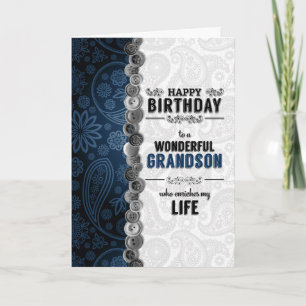 for Grandson's Birthday Blue Paisley with Buttons Card
