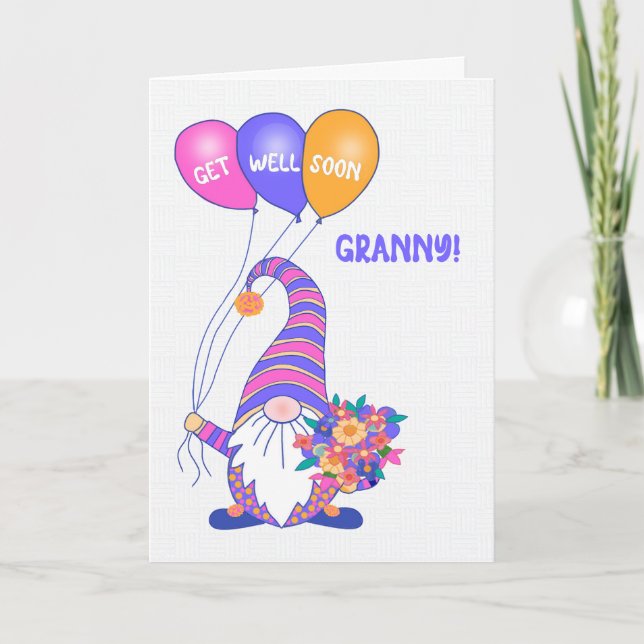 For Granny Get Well Gnome Balloons Flowers Card (Front)