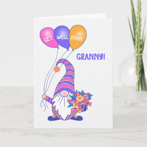 For Granny Get Well Gnome Balloons Flowers Card