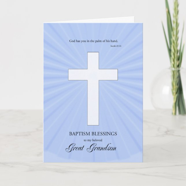 For Great Grandson Baptism, Glowing Cross Card (Front)