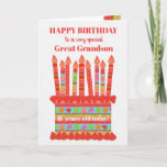 For Great Grandson Custom Age Birthday Cake Card<br><div class="desc">You can add the age to this brightly colored birthday card for your great grandson, with a strawberry birthday cake. The cake has lots of candles with different patterns and there is a patterned band around the cake with colorful summer fruits - strawberries, raspberries, limes and orange slices. Above the...</div>