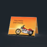 For Great Grandson, Motorcycle sunset birthday Card<br><div class="desc">A motorbike similar to a Harley standing by the sea with a glorious orange sunset. A great card for anybody who likes biking and motorcycles.See the whole range of cards for ages and relationships in my store. All artwork copyright Norma Cornes</div>
