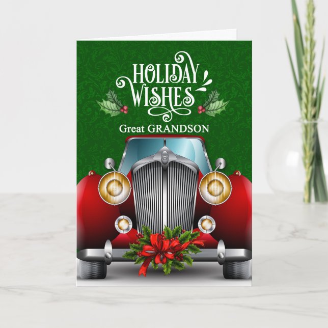 for Great Grandson Red Classic Car Christmas Holiday Card (Front)