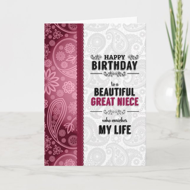 for Great Niece Birthday Pink Hearts and Paisley Card (Front)