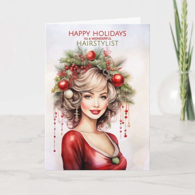 for Hair Stylist Christmas Hairdo in Red and Green Holiday Card (Front)