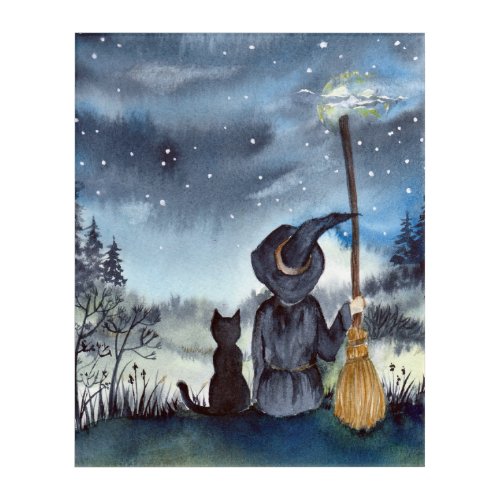 For Halloween Black Cat and The Witch Starry Night Acrylic Print