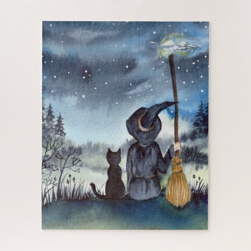 For Halloween Black Cat and The Witch Starry Night Jigsaw Puzzle