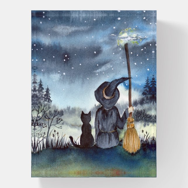 For Halloween Black Cat and The Witch Starry Night Paperweight (Vertical)