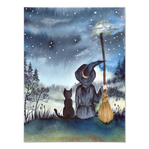 For Halloween Black Cat and The Witch Starry Night Photo Print