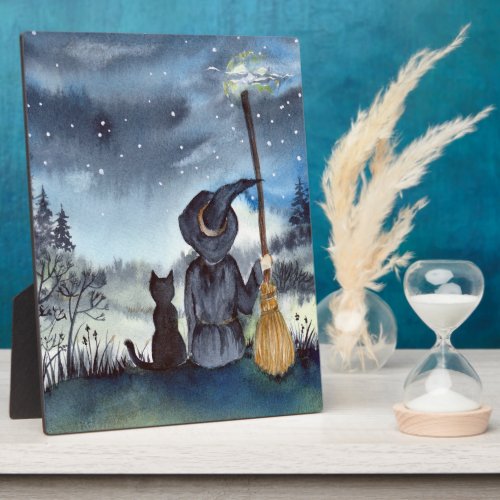 For Halloween Black Cat and The Witch Starry Night Plaque