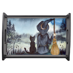 For Halloween Black Cat and The Witch Starry Night Serving Tray