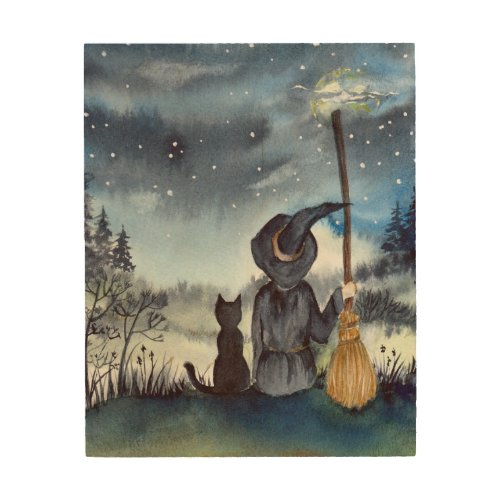 For Halloween Black Cat and The Witch Starry Night Wood Wall Art