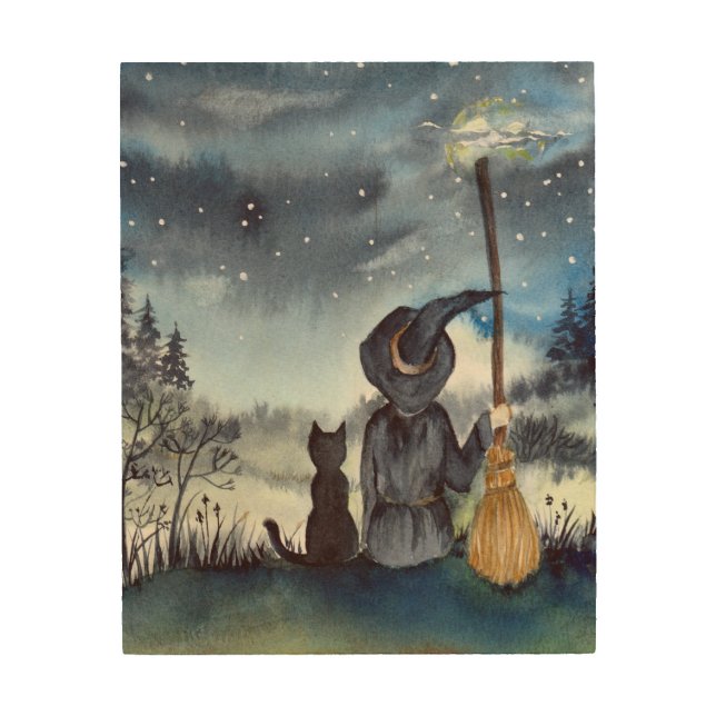 For Halloween Black Cat and The Witch Starry Night Wood Wall Art (Front)
