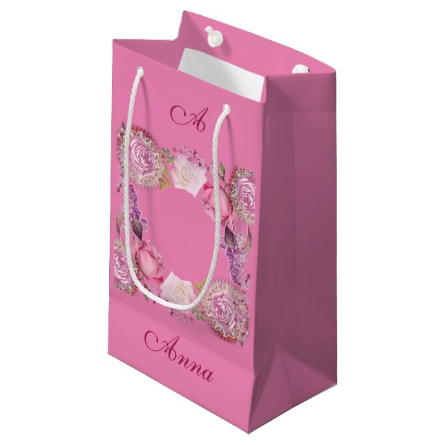 For Her Be My Valentine Romantic Pink Rose Lilac  Small Gift Bag (Front Angled)