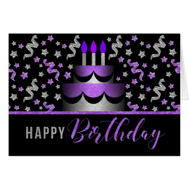 for Her Birthday Cake Purp and Silver Faux Glitter (Front Horizontal)