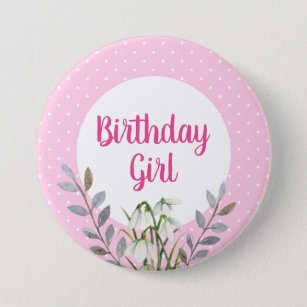 For Her Birthday White Snowdrops Pink Polka Dots Button