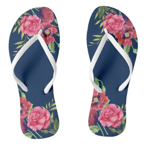 For Her Modern Red Pink Flowers on Dark Navy  Flip Flops