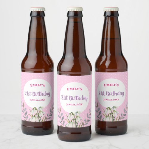 For Her on Birthday White Snowdrops Pink Polka Dot Beer Bottle Label
