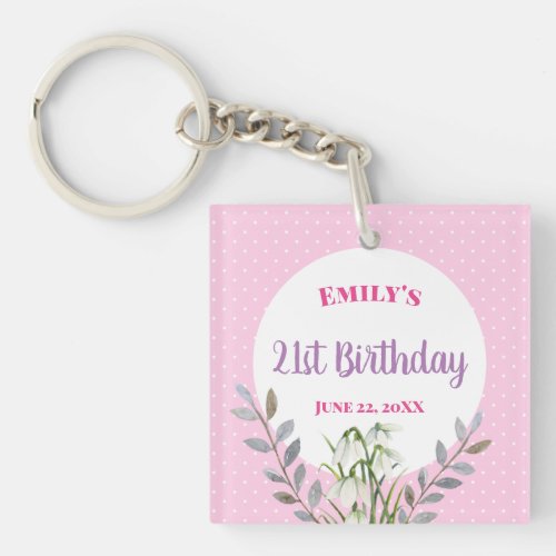 For Her on Birthday White Snowdrops Pink Polka Dot Keychain