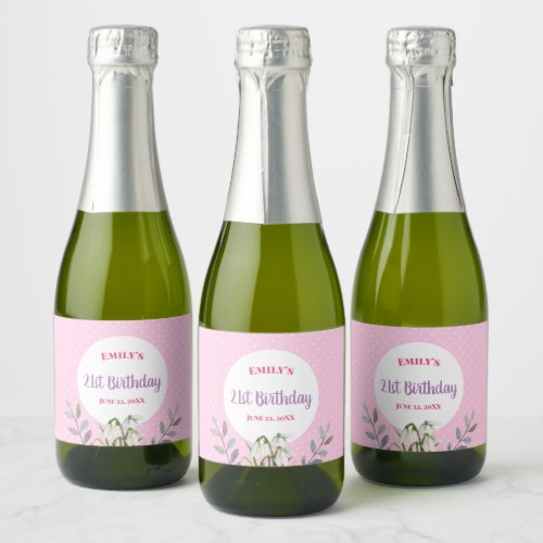 For Her on Birthday White Snowdrops Pink Polka Dot Sparkling Wine Label