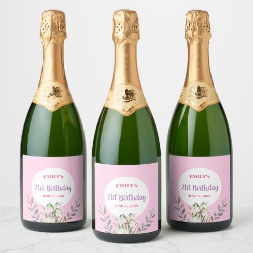 For Her on Birthday White Snowdrops Pink Polka Dot Sparkling Wine Label