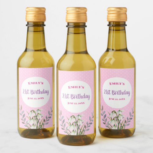 For Her on Birthday White Snowdrops Pink Polka Dot Wine Label