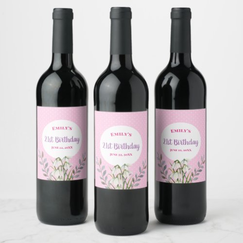 For Her on Birthday White Snowdrops Pink Polka Dot Wine Label