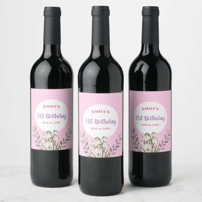For Her on Birthday White Snowdrops Pink Polka Dot Wine Label (Bottles)