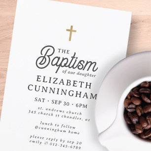 For Her Simple Modern Elegant Gold Cross Baptism Invitation