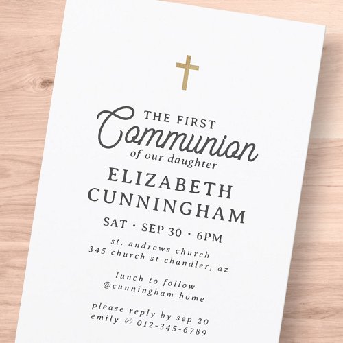 For Her Simple Modern Elegant Gold Cross Communion Invitation