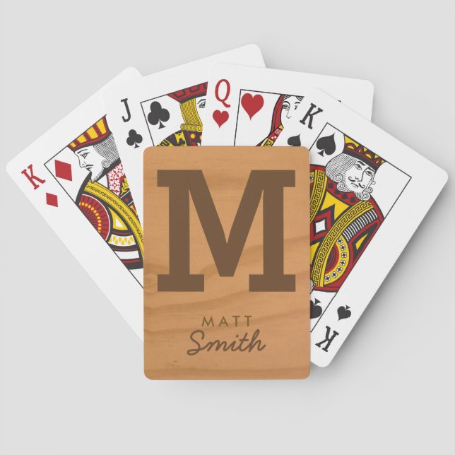 for him a stylish monogram on faux wood poker cards (Back)