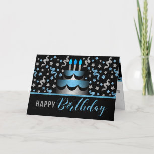 for Him Birthday Cake Blue and Silver Faux Glitter Card