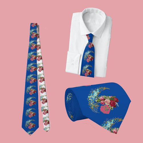 For Him Dark Blue Rustic Rose Valentine Floral Fun Neck Tie