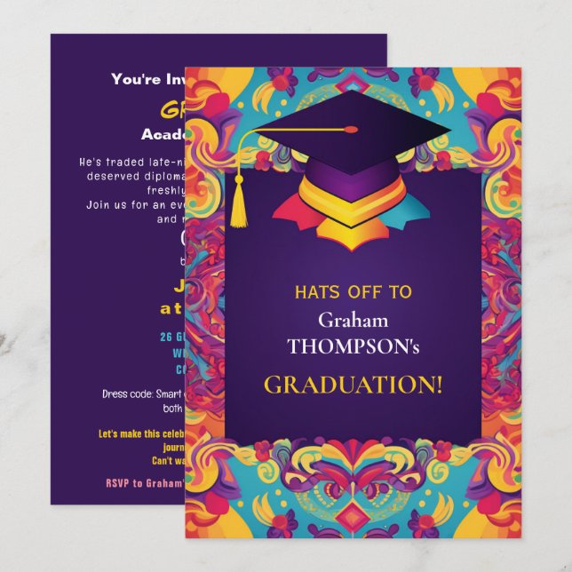 For him, funny vibrant Graduate party  Invitation (Front/Back)