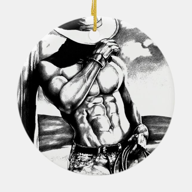 For Him Men's Art Cowboy Bodybuilder Christmas Ceramic Ornament (Back)