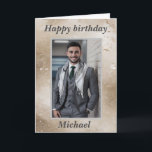 For Him Photo Happy Birthday Wishes Biege Holiday Card<br><div class="desc">Celebrate his special day with a personalized touch! This elegant beige holiday card features a customizable photo design and heartfelt birthday wishes,  making it a keepsake he’ll cherish. Perfect for expressing your love and warm greetings in a stylish and memorable way.</div>