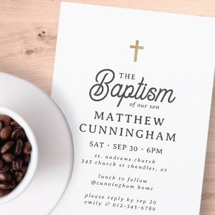 For Him Simple Modern Elegant Gold Cross Baptism Invitation