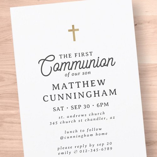 For Him Simple Modern Elegant Gold Cross Communion Invitation