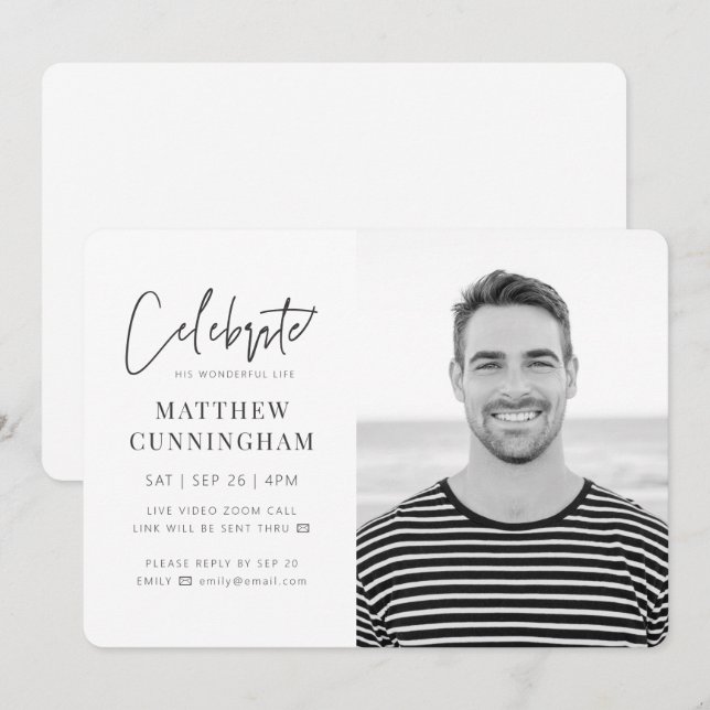 For Him Virtual Celebration of Life Modern Photo Invitation (Front/Back)