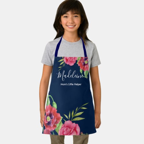 For Kid Modern Red Pink Flowers on Dark Navy Apron