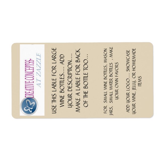 FOR LG.,   SMALL WINE BOTTLES,  JARS,  SMALL WATER LABEL (Front)