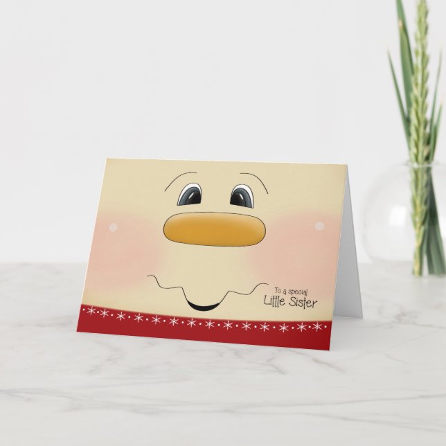 For Little Sister Christmas Happy Snowman Face Holiday Card (Front)