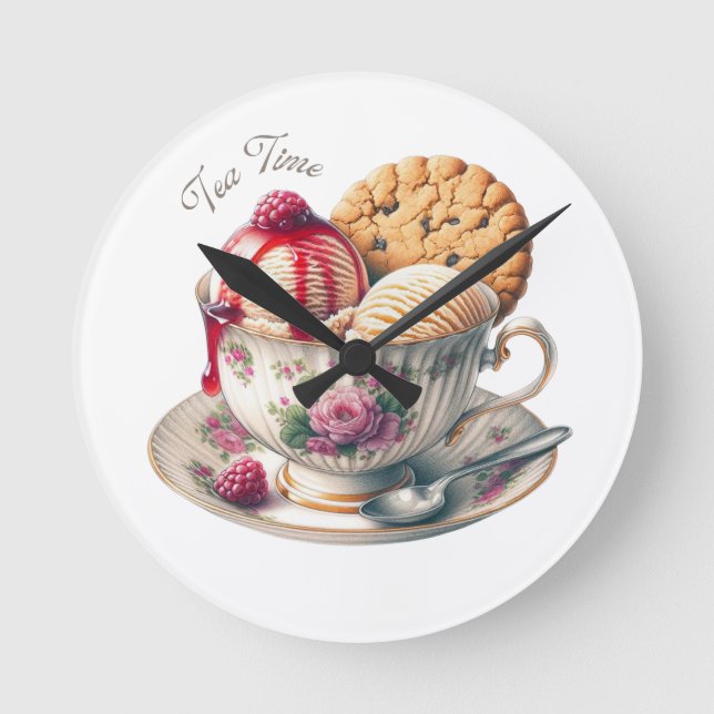 For Lovers of Teacups and Ice Cream, Funny Round Clock (Front)