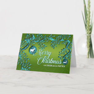 for Male Cousin and Partner Green and Turquoise Holiday Card