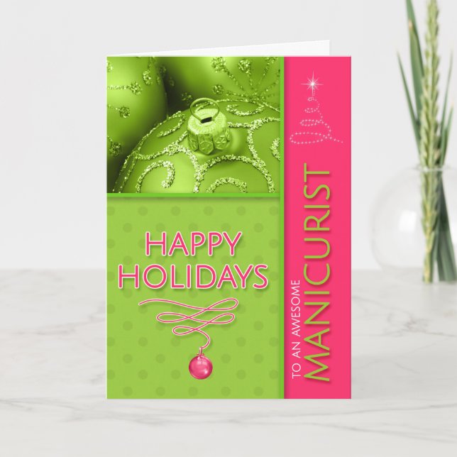 for Manicurist Pink and Green Modern Christmas Holiday Card (Front)