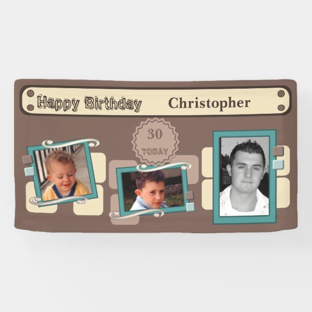 For men 30th add photos name brown party banner (Horizontal)